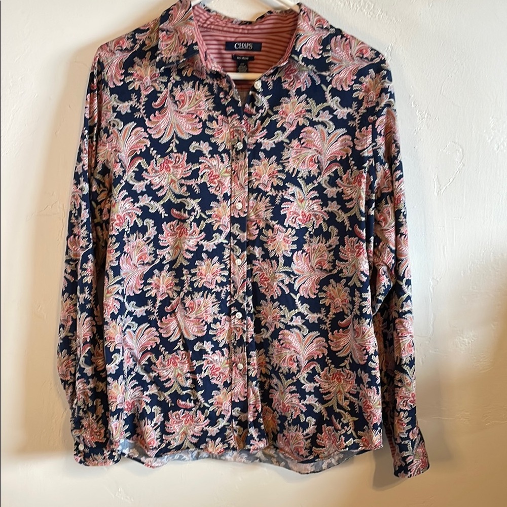 Chaps Floral Blouse - Navy and Pink